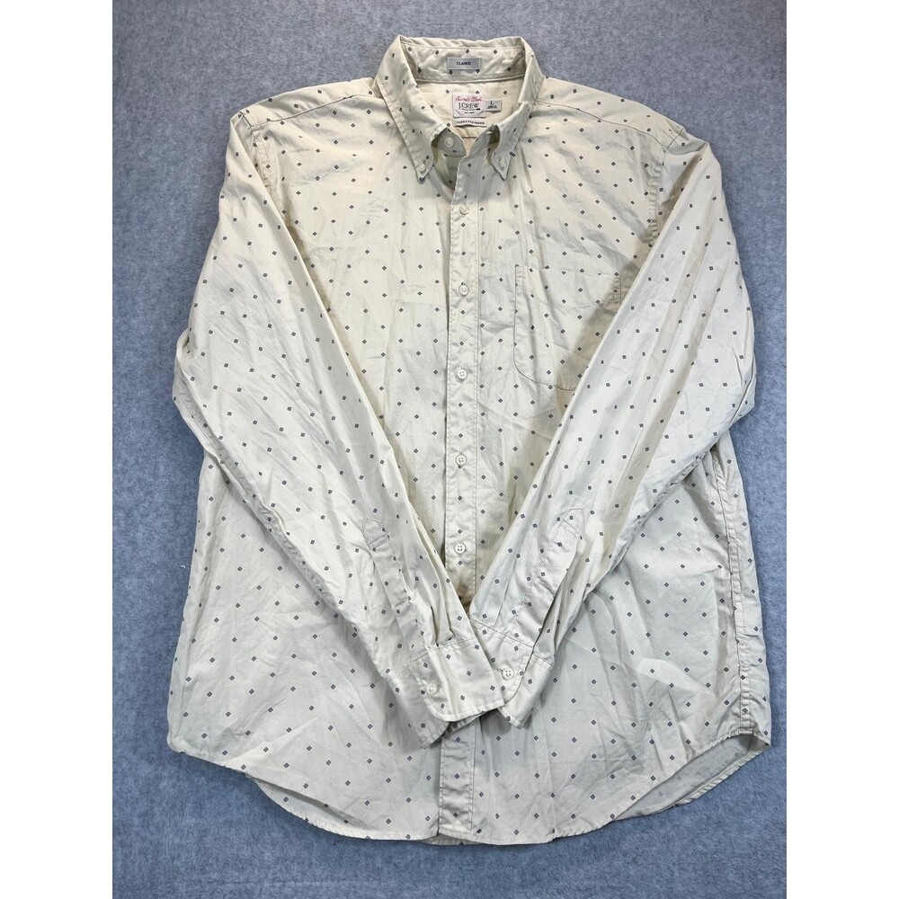 J.Crew Shirt Mens L Secret Wash Classic Cream Off White Geometric Print Woven